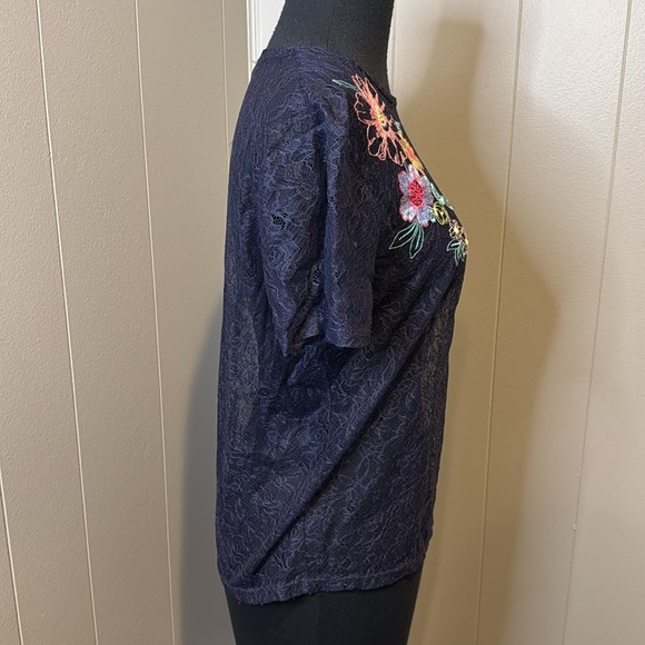 Zara Women’s Small Blue Lace Floral Embroidered Sheer Short Sleeve Top - Picture 4 of 7